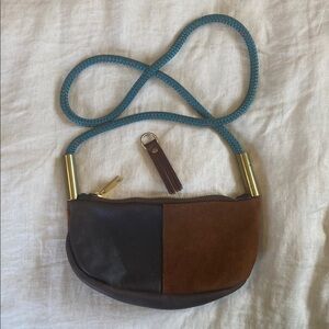 Wildwood Oyster Co. Zip Crossbody in Brown Leather w/ Teal Rope & PLG tassel